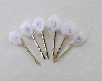 Bridal Hair Pins, White Organza Flower Bobby Pins, Set of 6 Wedding or Special Occasion Floral Accessory