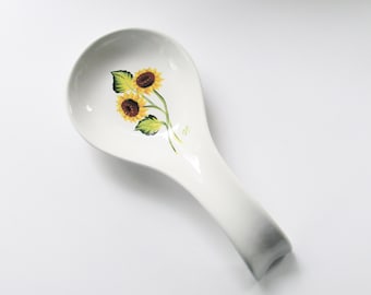 Hand-painted Sunflowers Spoon Rest, Yellow Sun Flowers on White Porcelain Floral Kitchen Decor, Flowered Cooking or Serving Utensil Holder