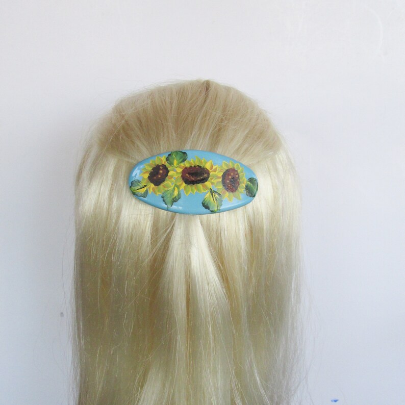 Painted Sunflower Hair Clip Floral Hair Slip Sunflowers Blue Oval Hand-Painted Hair Barrette Flowered Hair Accessory French Style Clip