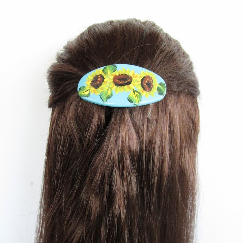 Painted Sunflower Hair Clip Floral Hair Slip Sunflowers Blue Oval Hand-Painted Hair Barrette Flowered Hair Accessory French Style Clip