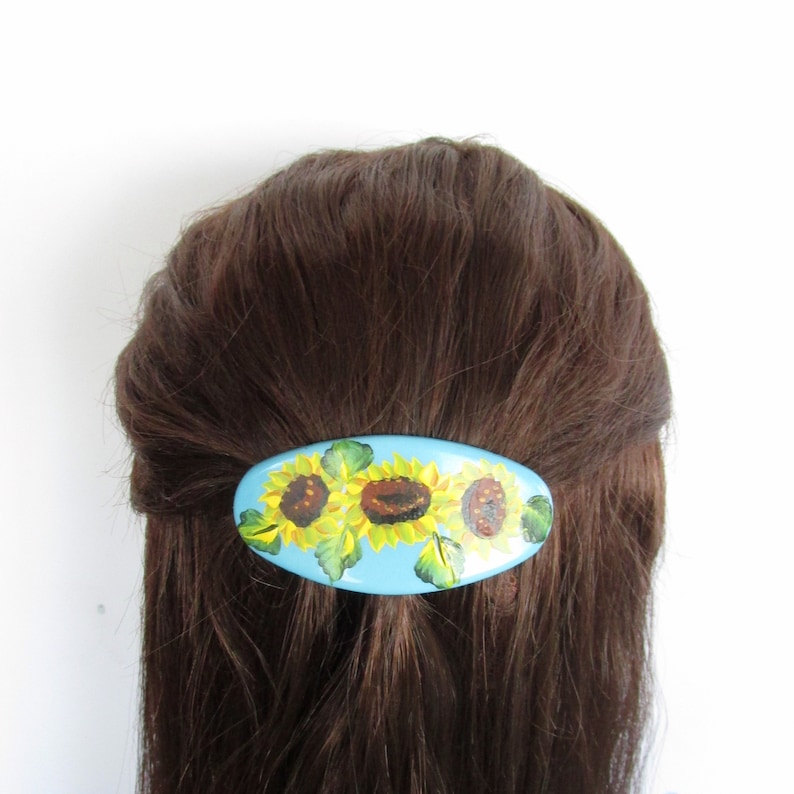 Painted Sunflower Hair Clip Floral Hair Slip Sunflowers Blue Oval Hand-Painted Hair Barrette Flowered Hair Accessory French Style Clip