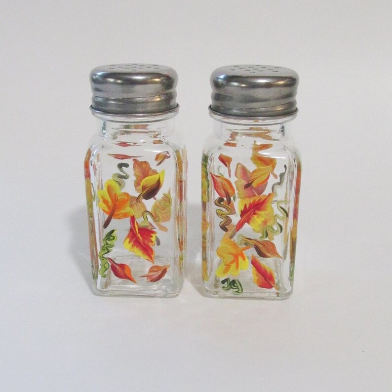 Fall Leaf Salt and Pepper Shakers, Autumn Table Decor, Hand-painted Red Orange Yellow Leaves Glass Decorative Fall Leaf Shaker Set image 1