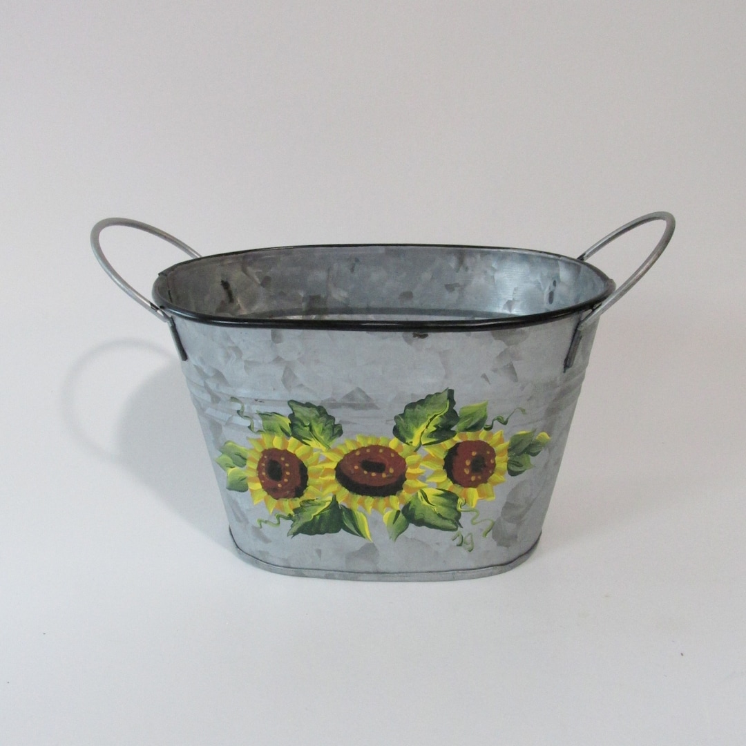 Handpainted Metal Bucket With Handles, Small Oval Galvanized Tinware