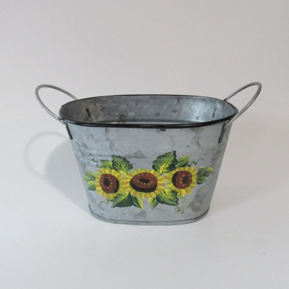 Hand-painted Metal Bucket With Handles, Small Oval Galvanized Tinware,  Painted Sunflower Pail, Floral Farmhouse Decor, Metal Container 