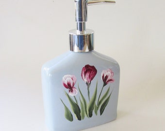 Tulips Liquid Soap or Lotion Bottle with Pump Top, Light Blue Rectangular Ceramic Soap Dispenser, Burgundy Tulips, Hand-painted