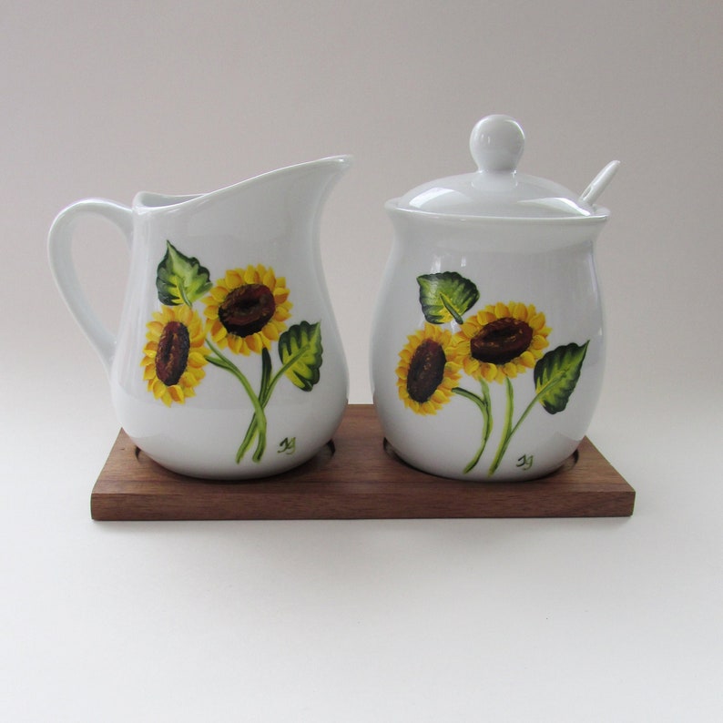 White Handpainted Sunflower Cream and Sugar Bowl Set Floral Etsy België