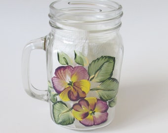 Hand-painted Pansy Mason Jar Mug with Handle, Farmhouse Kitchen Decor, Hand-painted Flowers Glass Mug, Purple Pansies Decor