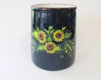 Navy Blue Ceramic Hand-painted Sunflowers Canister Jar, Yellow Sun Flowers Painted Container, Brown Rim, Utensil Holder or All Purpose Jar