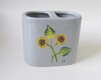 Gray Sunflowers Toothbrush Holder, Sunflower Kitchen or Bathroom Decor, Hand-painted Ceramic Container for Brushes