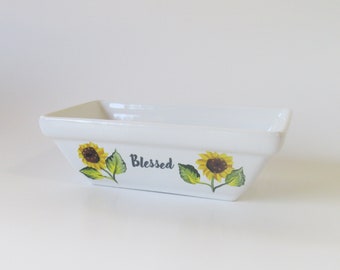 Hand-painted Sunflowers White Porcelain Dish, Yellow Sun Flowers Painted Serving Dish, 6 inch Decorative Container