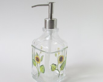 Liquid Soap Bottle with Pump Top, Sunflower Kitchen or Bathroom Decor, Hand-painted Glass Soap Dispenser, Yellow Sunflowers