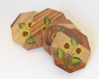 Set of 4 Hand-painted Sunflower Wood Coasters, Four Inch Octagon Shaped Sunflower Coaster, Sunflower Decor, Housewarming Gift