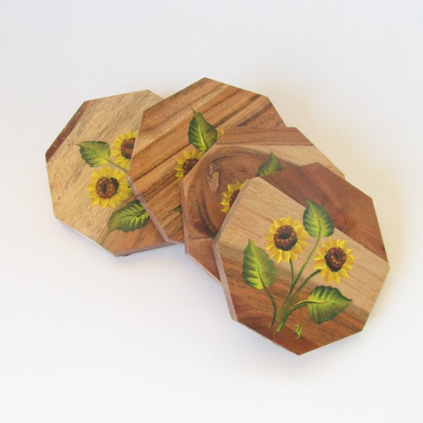 Set of 4 Hand-painted Sunflower Wood Coasters, Four Inch Octagon Shaped Sunflower Coaster, Sunflower Decor, Housewarming Gift