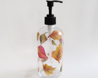 Fall Leaf Liquid Soap Bottle with Pump Top, Autumn Leaves Kitchen or Bathroom Decor, Hand-painted Glass Soap Dispenser, Red, Yellow, Orange