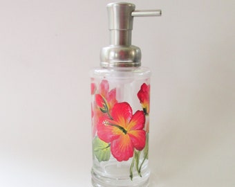 Foaming Liquid Soap Bottle with Pump Top, Hibiscus Kitchen or Bathroom Decor, Hand-painted Glass Soap Dispenser, Red Hibiscus Flowers