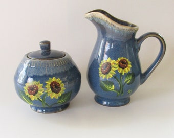 Blue Hand-painted Sunflower Cream and Sugar Bowl Set Floral Creamer Serving, House Warming Gift, Painted Flowers, Sunflower Kitchen Decor