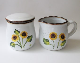 White Hand-painted Sunflower Cream and Sugar Bowl with Lid Set Floral Creamer Serving, Painted Flowers, Sunflower Kitchen Decor