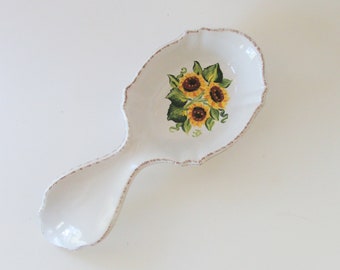 Antique Look Hand-painted Sunflower Spoon Rest, White Sculpted Antique Look Edge, Cooking Utensil Holder, Sun Flowers Kitchen Decor, 8 inch