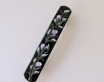 Hand-painted Black Hair Barrette, Painted Hair Clip 3 1/2 inch French Style Clip, Lavender Rose Rosebud Hair Accessory, 70mm clip Thick Hair