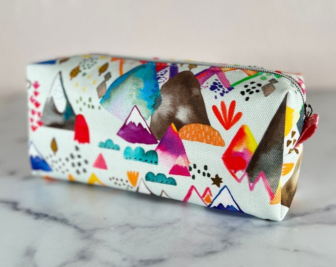 Rectangular Boxy Bag with Watercolor Mountains - Ideal for Makers, Pencils, Makeup Brushes