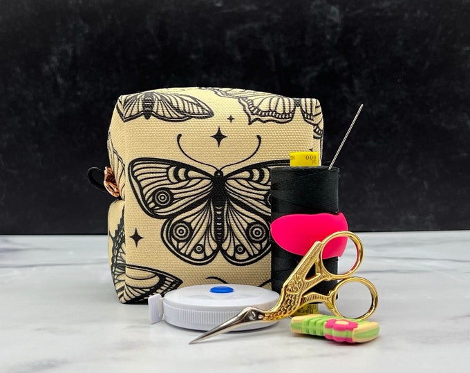 Compact Boxy Bag with Black Butterfly Print - Ideal for Travel-Size Cosmetics or Sewing Kit