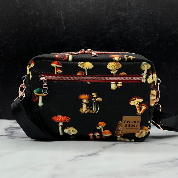 Mushroom Print Chic Camera-Style Crossbody Bag with Multiple Pockets and Adjustable Webbing Strap