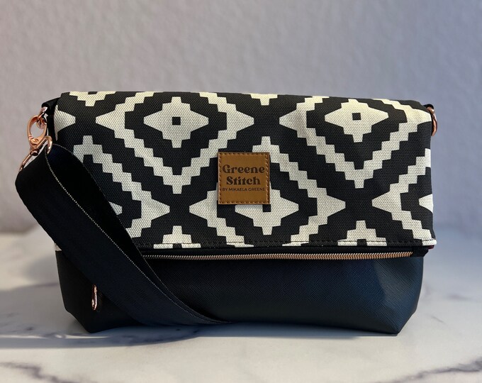 SouthWest Print Leather Fold Over Crossbody Bag Black and cream Faux Saffiano Leather & Canvas Purse, Everyday Bag, Compact Crossbody,