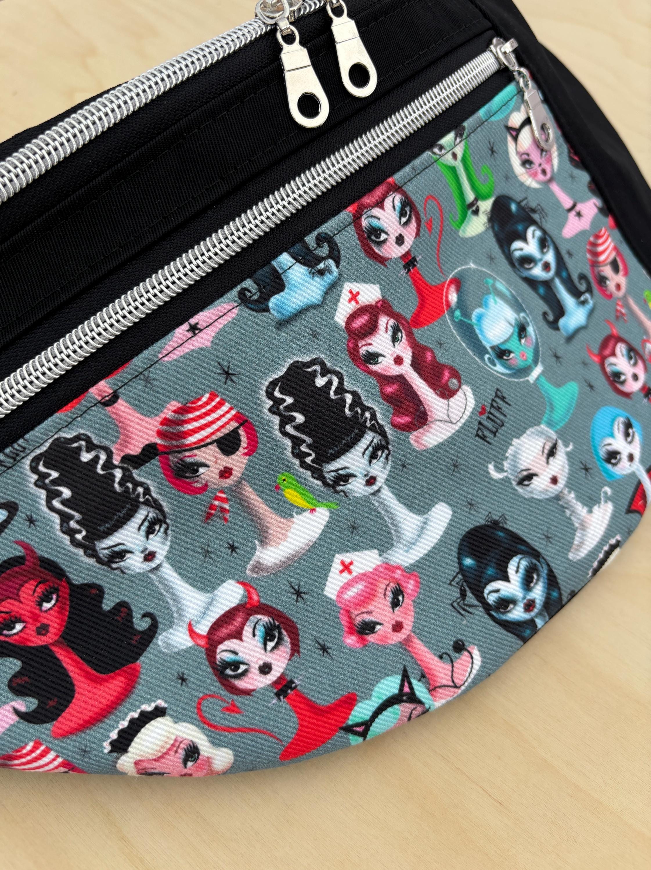 Oversized Fanny Pack Ghoulish Gals Denim and Black Lux Nylon