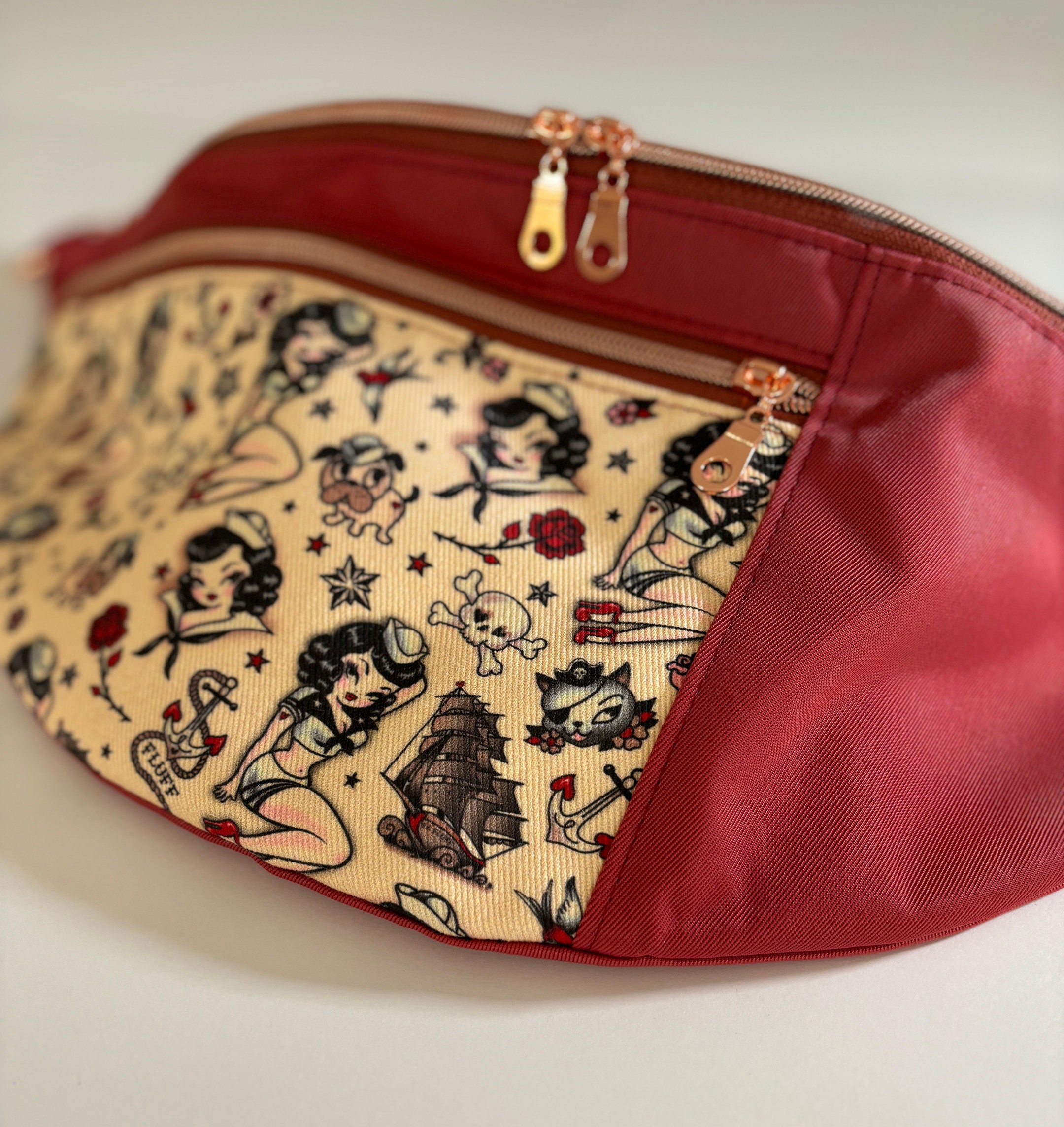Oversized Fanny Pack Pinup Sailor Girl Print Denim and Red Lux Nylon