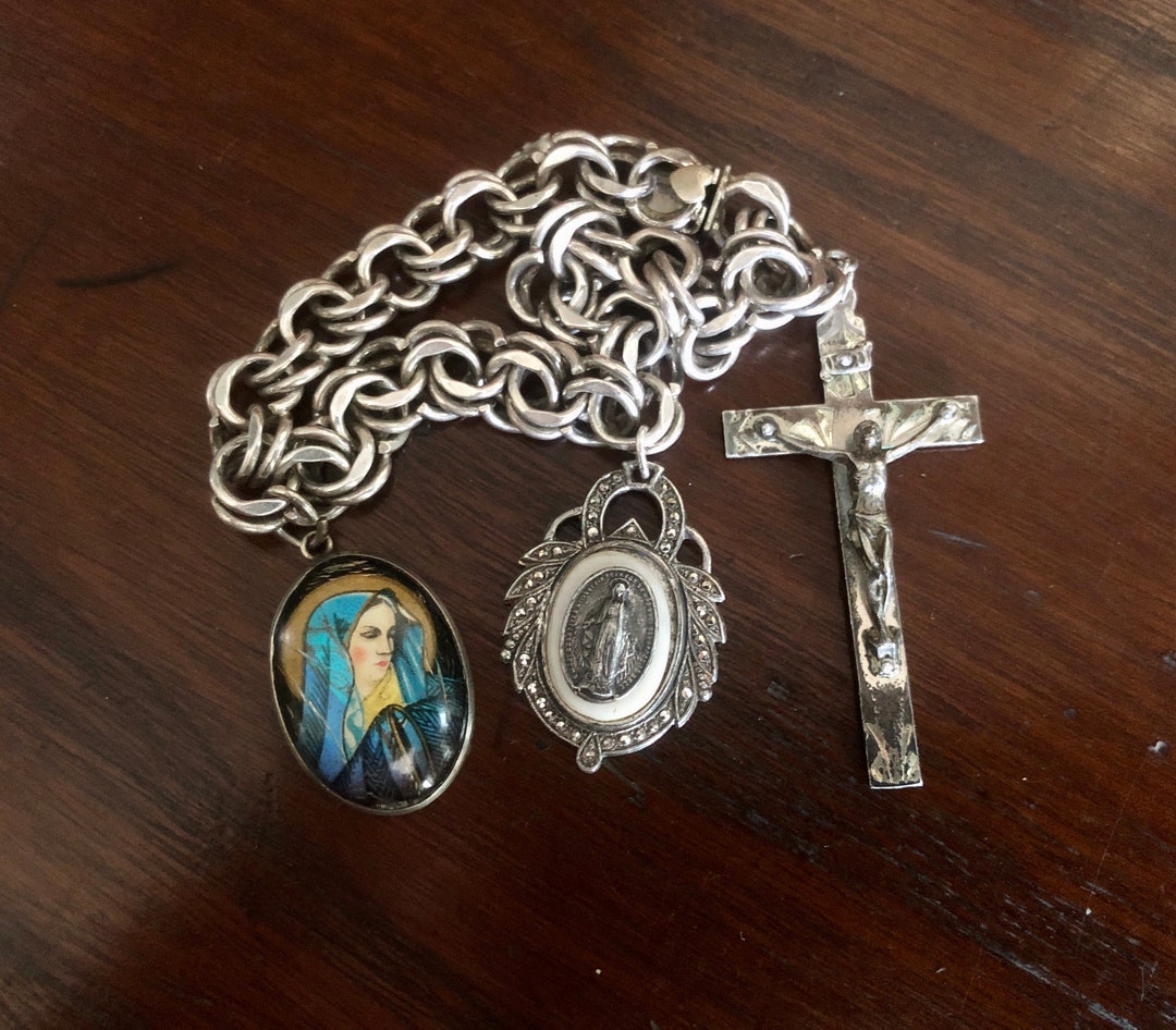 Unusual Antique Sterling Silver Religious Charm Bracelet Elco Etsy