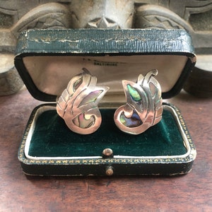 Vintage Sterling Silver & Abalone Abstract Leaf Screw Back Earrings, Mexico, Signed A. L.