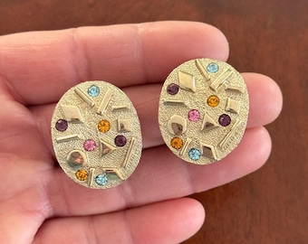 Vintage Sarah Coventry “Sultana Confetti” Clip-On Earrings; Gold Tone with Multicolor Rhinestones