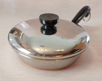 Vintage MCM Revere Ware 7" Stainless Steel Copper Bottom Fry Pan or Skillet with lid.