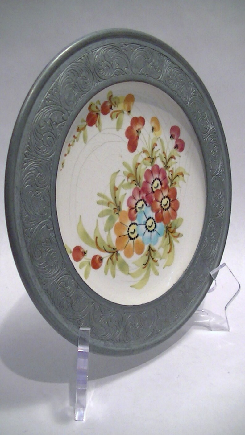 Antique Handgemalt Porcelain Plate with Embossed Pewter Rim or Etsy