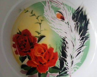 Vintage Large Enamal Peacock Basin Bowl Roses and Peacock Feathers