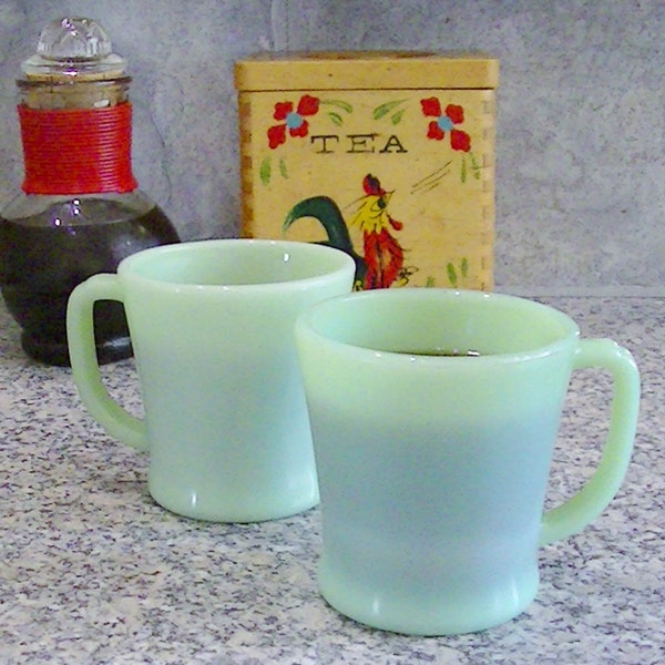 2 - Jadite Fire King D Handle Pair Coffee Mug Cup