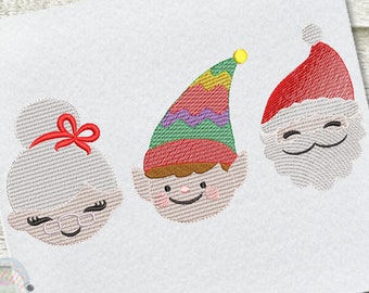 Christmas Trio Sketch Fill Machine Embroidery Design, Santa, Mrs. Clause and Elf Embroidery Design