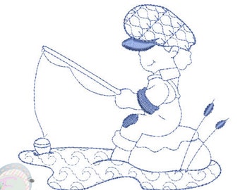 Boy Fishing Bean Stitch Machine Embroidery Design