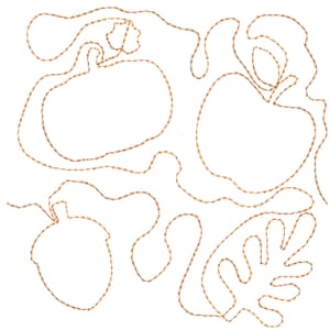 Pode incluir: Um design de bordado digital que apresenta os contornos de uma abóbora, uma maçã, uma bolota e uma folha. O design é de cor marrom e é perfeito para artesanato com tema de outono.