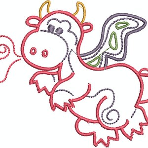 May include: Embroidered design of a cartoon dragon in flight, outlined in red with accents of purple, green, and yellow. The dragon is blowing out a swirl of red. The design is on a white background.
