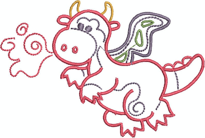 May include: Embroidered design of a cartoon dragon in flight, outlined in red with accents of purple, green, and yellow. The dragon is blowing out a swirl of red. The design is on a white background.
