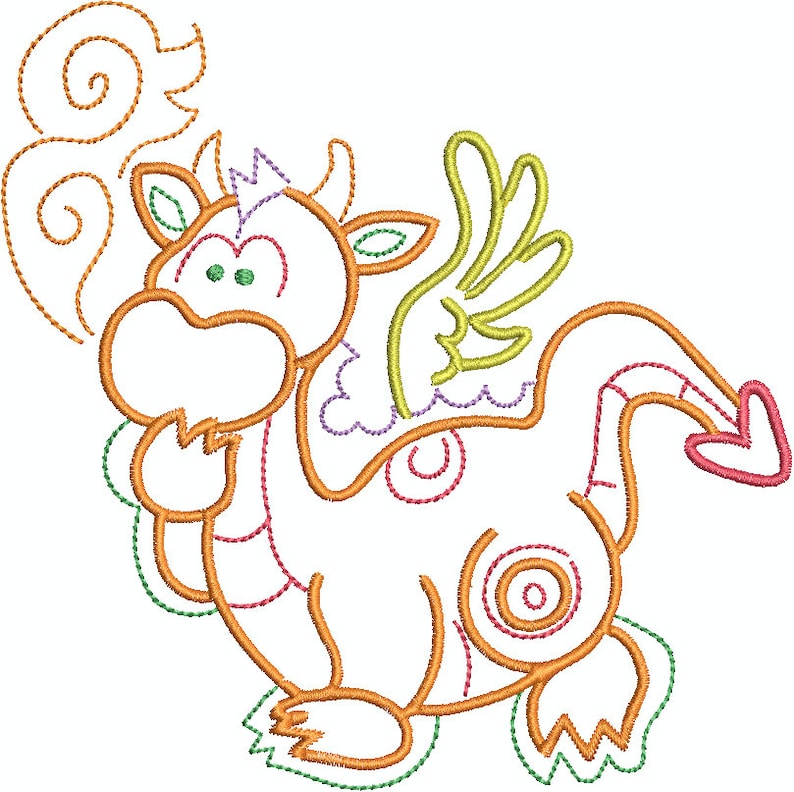 May include: A whimsical cartoon dragon design with orange outlines and accents in green, yellow, purple, and pink. The dragon has wings, horns, and a curly tail. A swirl of orange smoke emanates from its mouth.