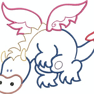May include: A cartoon dragon design with a white body, outlined in blue. The dragon has pink wings, a red tail, and gold accents. The dragon is in a flying pose, with its head down.