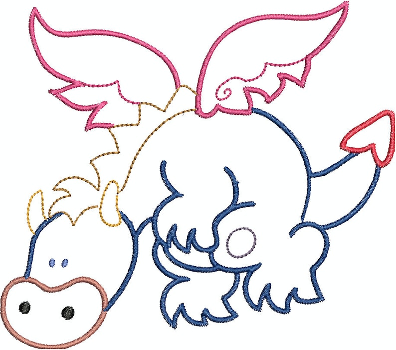 May include: A cartoon dragon design with a white body, outlined in blue. The dragon has pink wings, a red tail, and gold accents. The dragon is in a flying pose, with its head down.