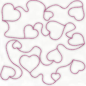 May include: A continuous magenta thread pattern forming a series of interconnected heart shapes. The design features a single, unbroken line that loops and curves to create multiple heart outlines of varying sizes across the white space.