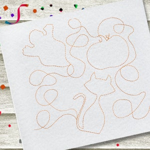May include: A digital embroidery design featuring a cat, a pumpkin, and a ghost. The design is outlined in brown thread and is suitable for use on fabric.