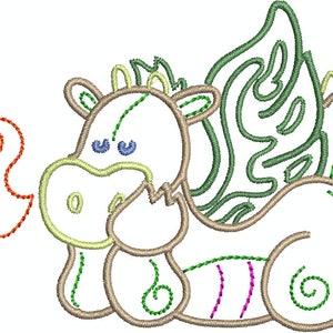 May include: An embroidered design of a cartoon dragon in a whimsical style. The dragon is primarily white with brown outlines and green, purple, and yellow accents. It has blue eyes and is exhaling a red flame.