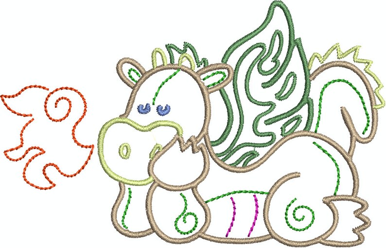 May include: An embroidered design of a cartoon dragon in a whimsical style. The dragon is primarily white with brown outlines and green, purple, and yellow accents. It has blue eyes and is exhaling a red flame.
