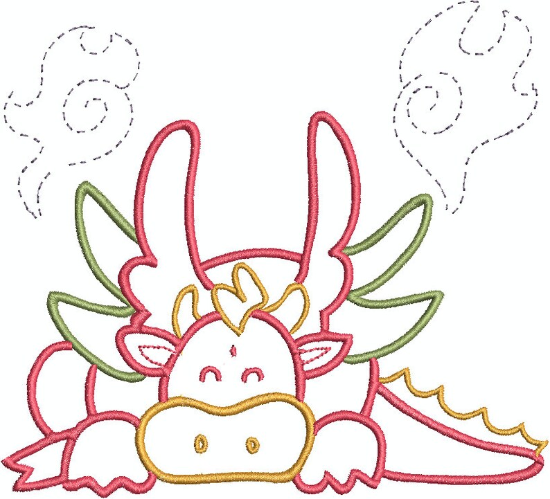 May include: A whimsical embroidery design of a cartoon dragon in shades of red, yellow, and green. The dragon has large, curved horns and wings, with a smiling face. Two dotted cloud shapes are above the dragon.
