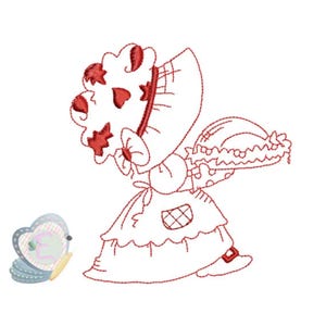 Sunbonnet Thanksgiving Redwork borduurwerk ontwerp, machine borduurwerk